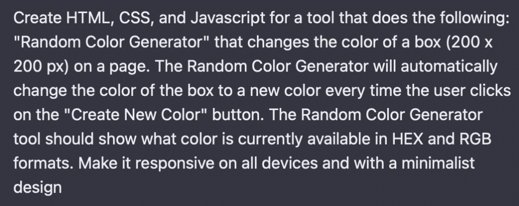команда для chatGPT для генерації додатку Генератора випадкових кольорів